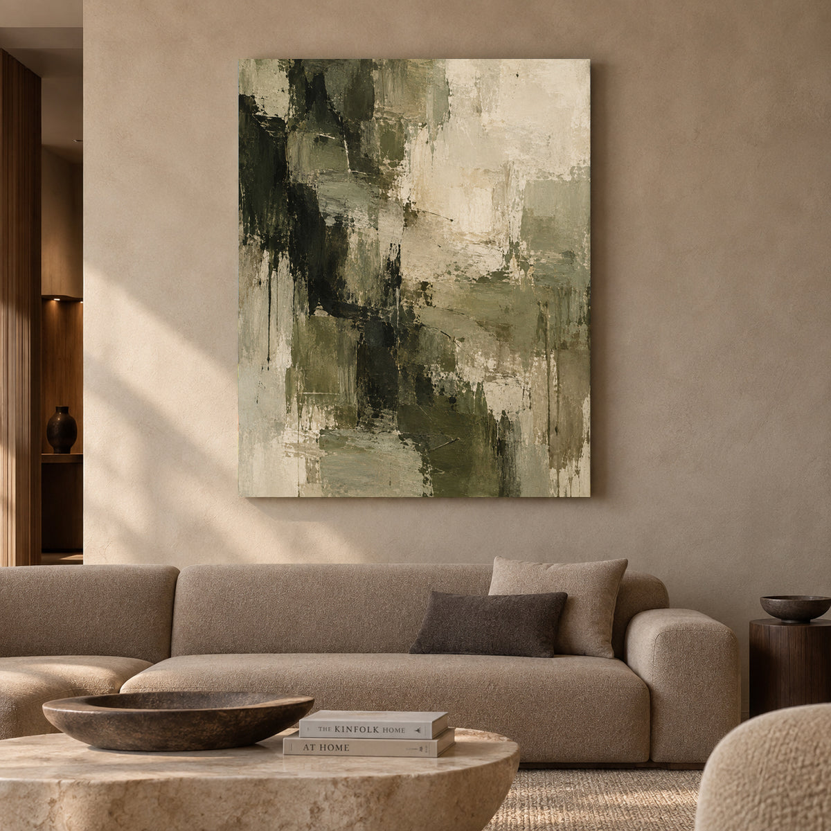 Olive Green Neutral Abstract Textured Canvas Art