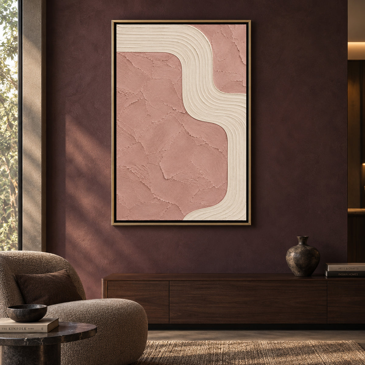 Blush Pink Curved Lines Textured Abstract Canvas Art