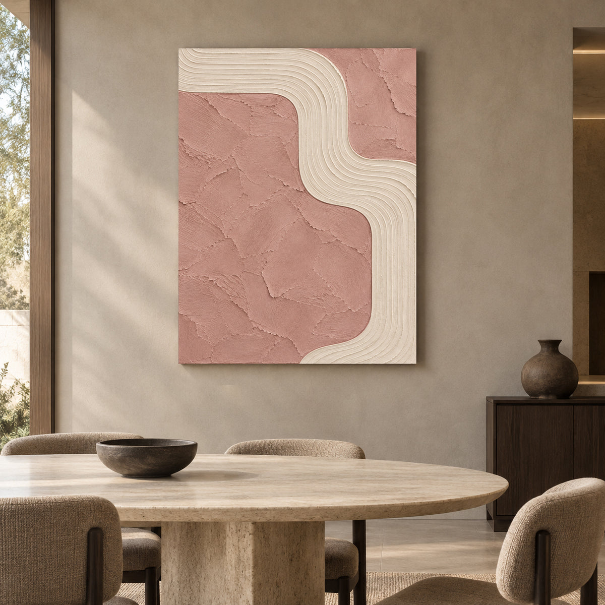 Blush Pink Curved Lines Textured Abstract Canvas Art