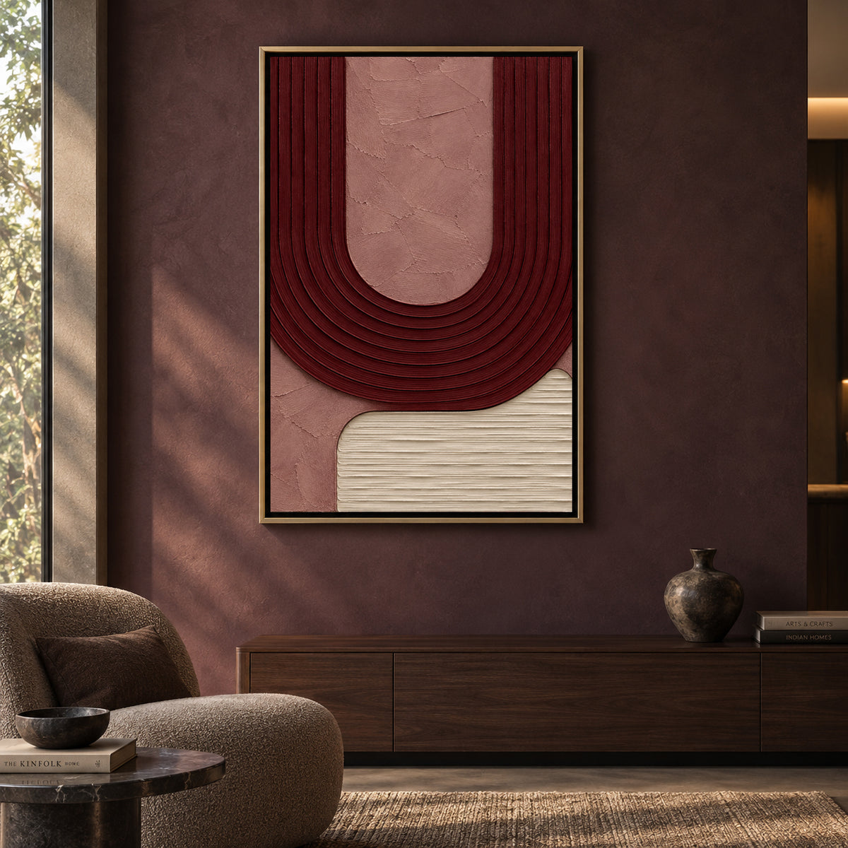 Burgundy Curve Textured Abstract Canvas Wall Art