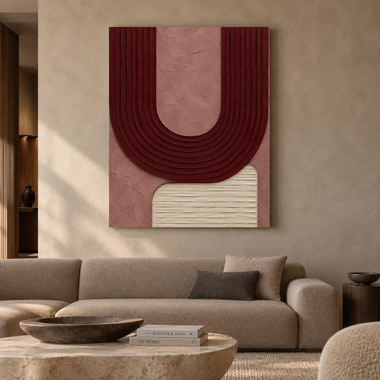 Burgundy Curve Textured Abstract Canvas Wall Art