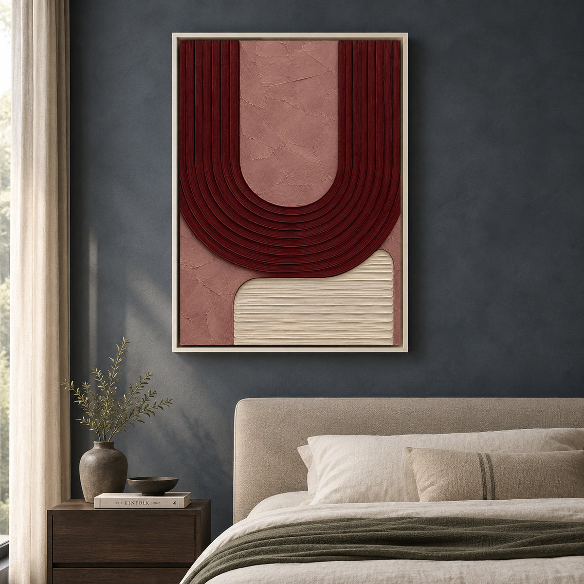 Burgundy Curve Textured Abstract Canvas Wall Art
