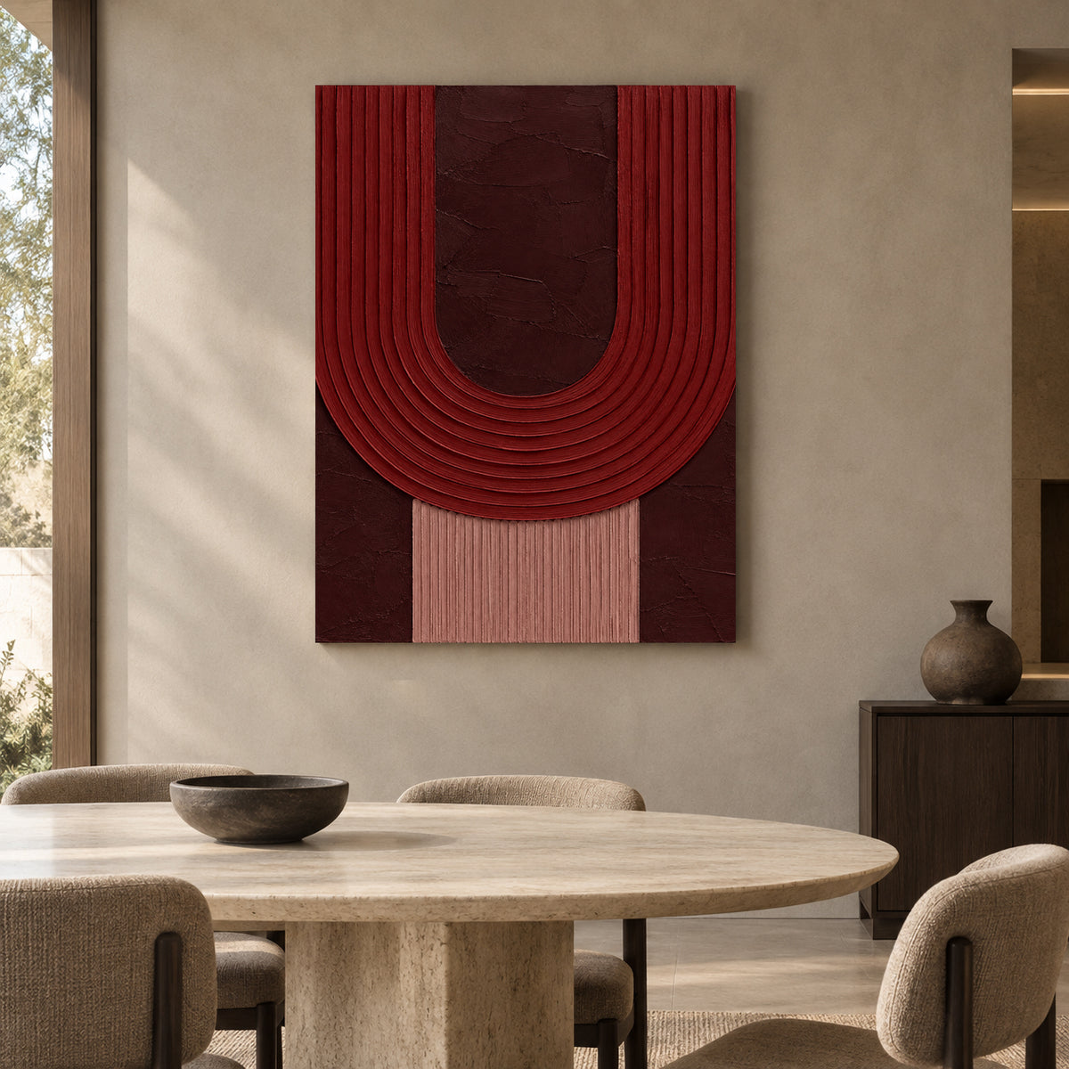 Burgundy Arch Textured Geometric Canvas Wall Art