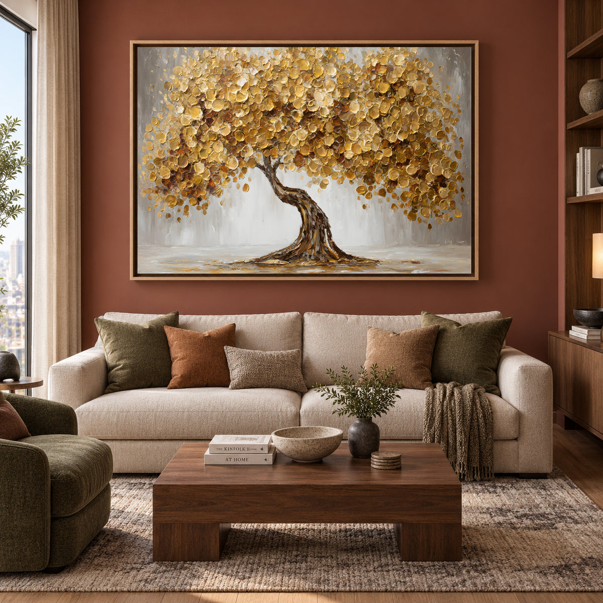 Golden Lucky Wish Tree Canvas Painting for Home Wall Decor