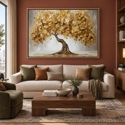 Golden Lucky Wish Tree Canvas Painting for Home Wall Decor