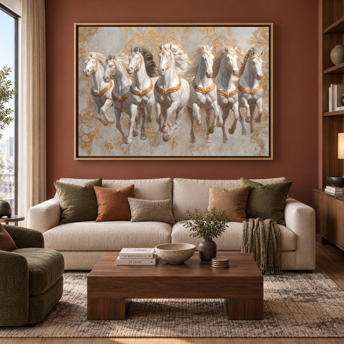 Seven White Horses Vastu Painting Golden Luxury Canvas Wall Art