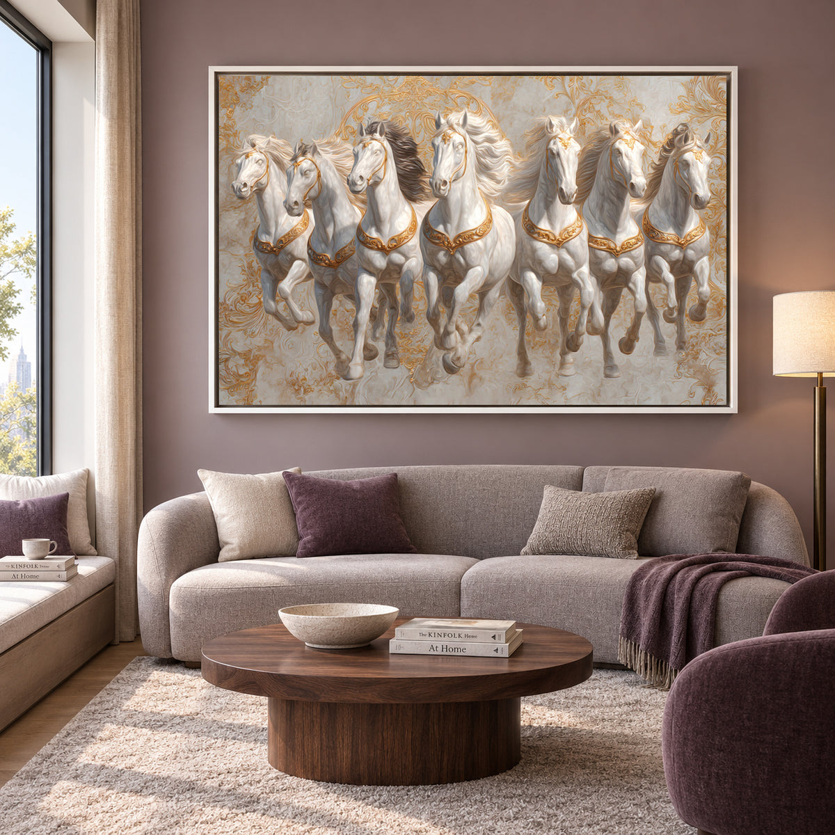Seven White Horses Vastu Painting Golden Luxury Canvas Wall Art
