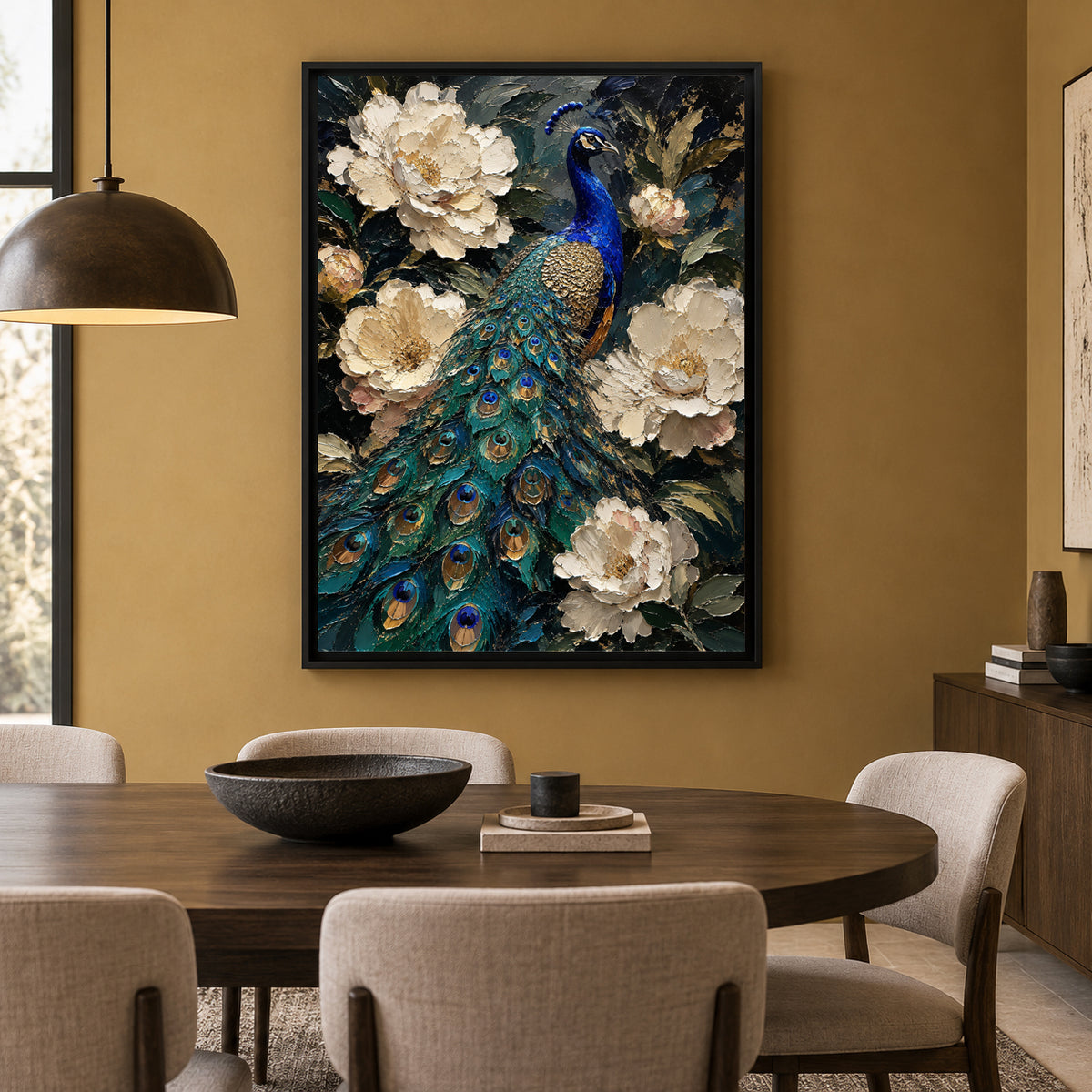 Emerald Peacock and Ivory Blooms Textured Canvas Wall Art