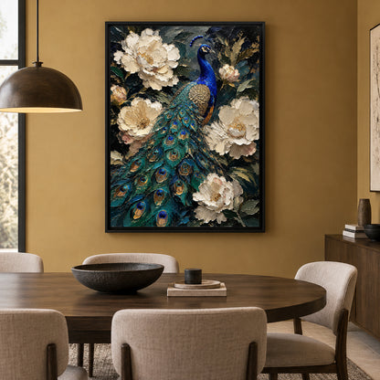 Emerald Peacock and Ivory Blooms Textured Canvas Wall Art