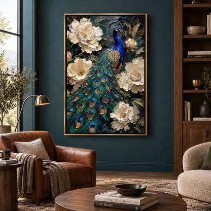 Emerald Peacock and Ivory Blooms Textured Canvas Wall Art