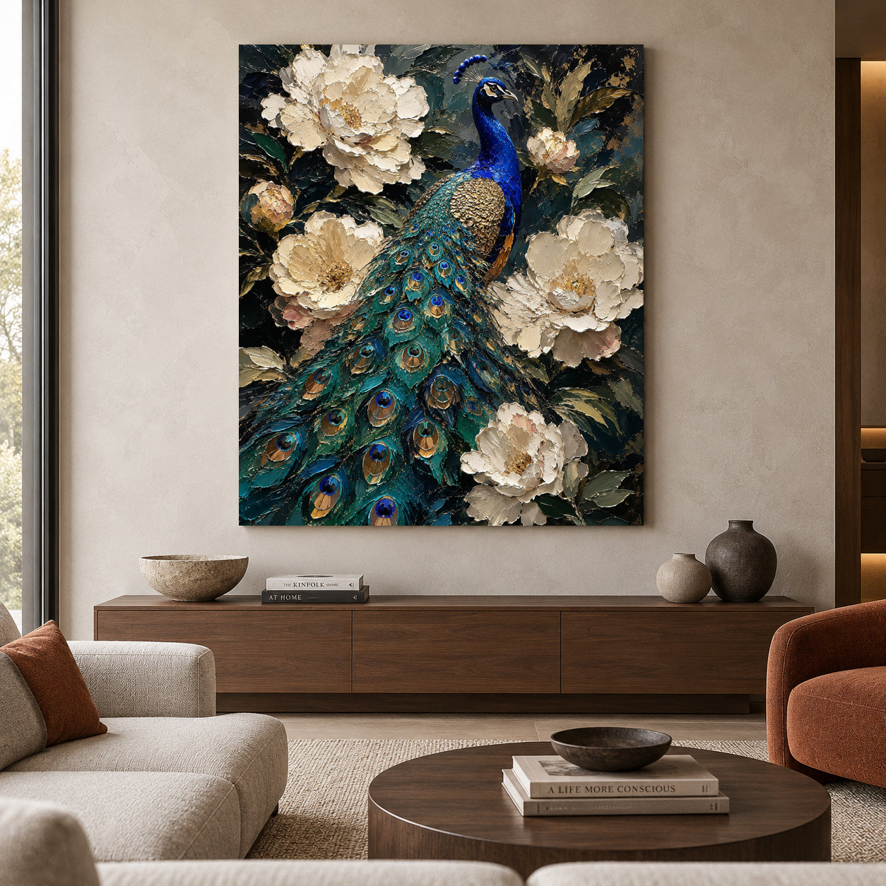 Emerald Peacock and Ivory Blooms Textured Canvas Wall Art