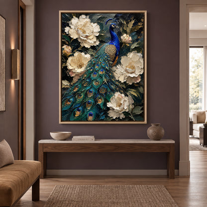 Emerald Peacock and Ivory Blooms Textured Canvas Wall Art