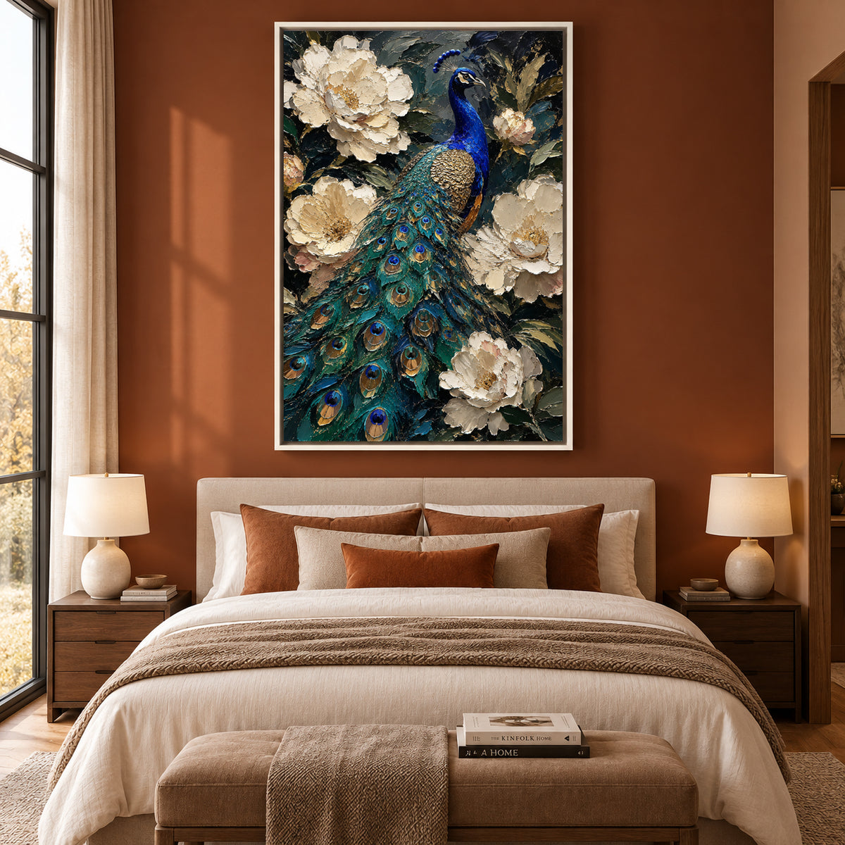 Emerald Peacock and Ivory Blooms Textured Canvas Wall Art