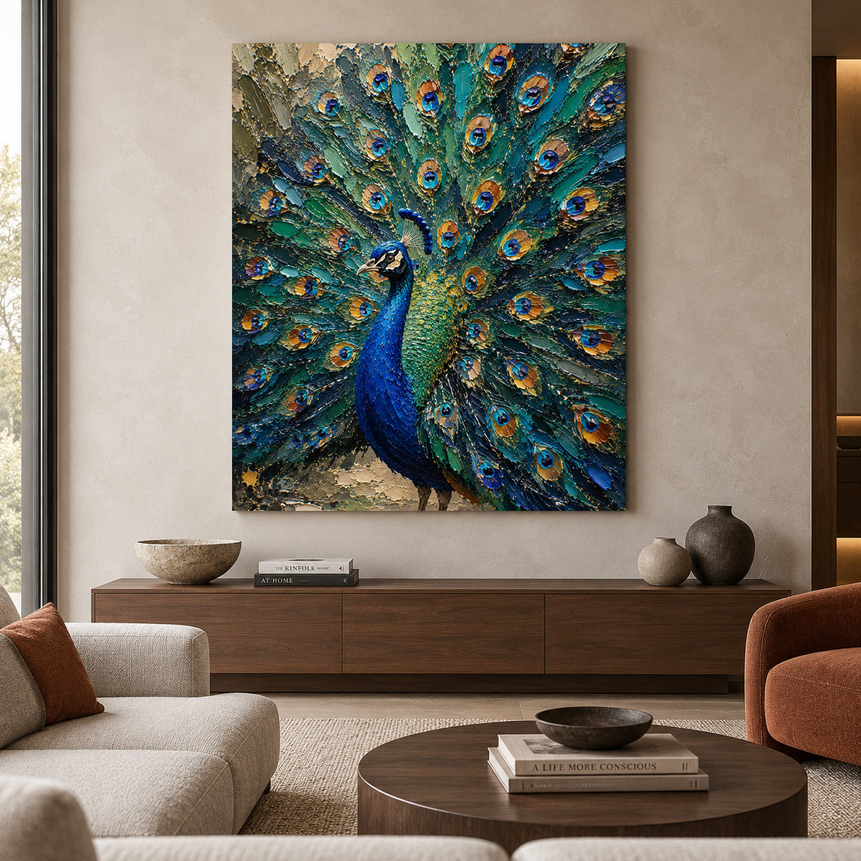 Majestic Peacock Fan Textured Luxury Canvas Wall Art