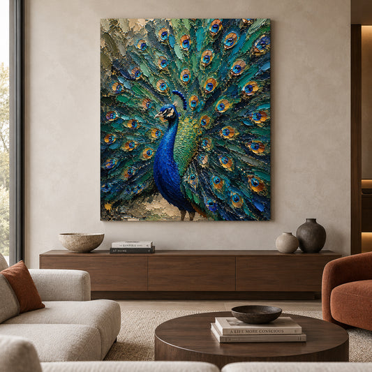 Majestic Peacock Fan Textured Luxury Canvas Wall Art
