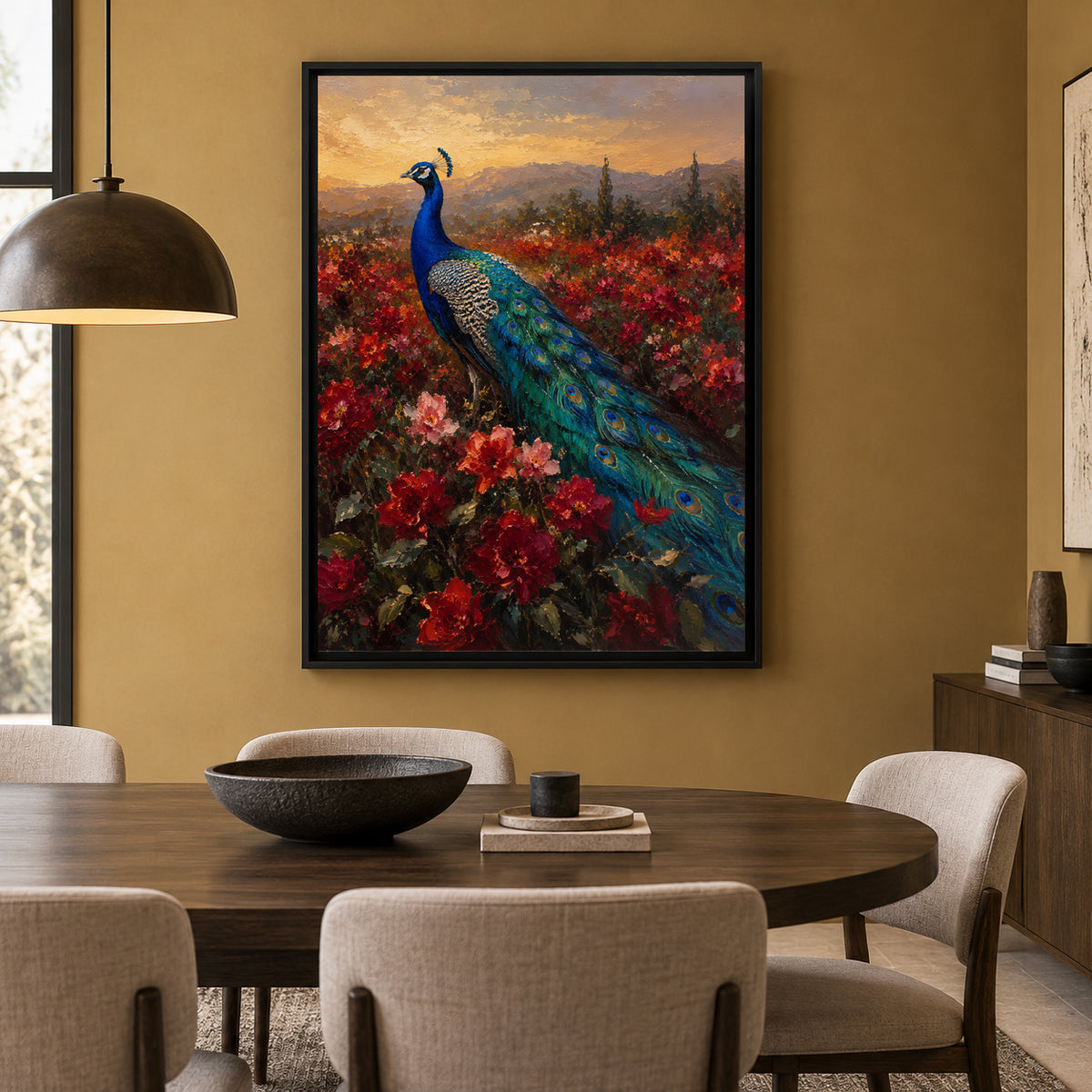 Peacock in Crimson Garden Sunset Canvas Wall Art