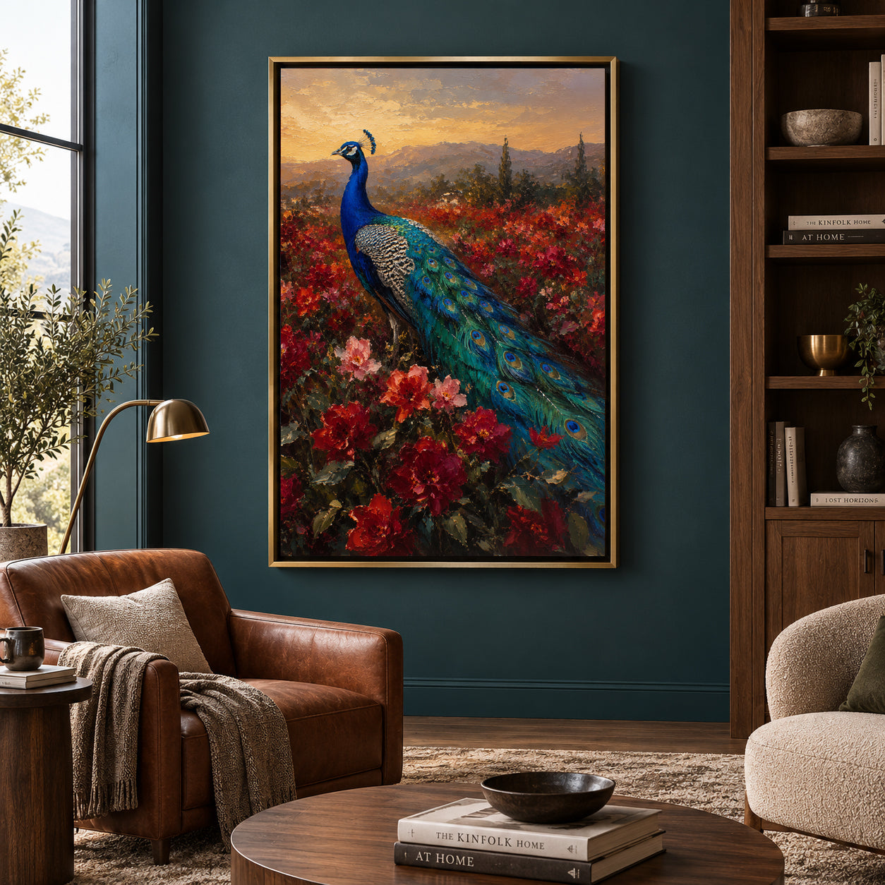Peacock in Crimson Garden Sunset Canvas Wall Art