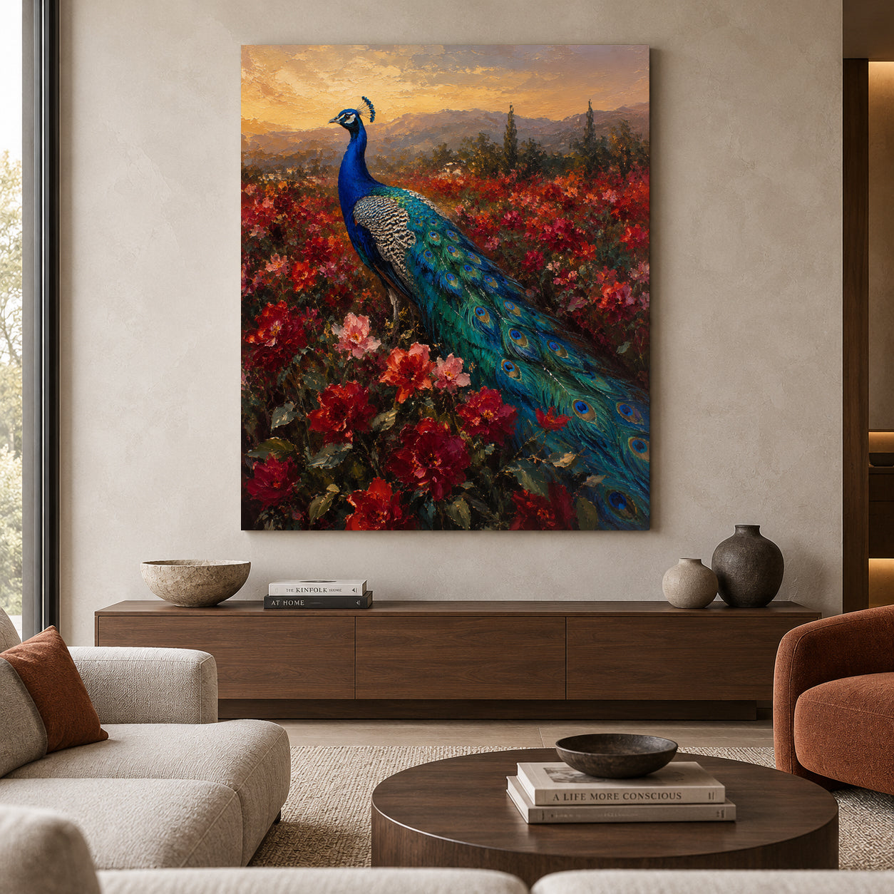 Peacock in Crimson Garden Sunset Canvas Wall Art