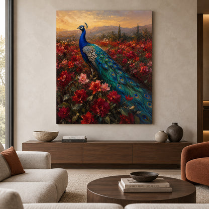 Peacock in Crimson Garden Sunset Canvas Wall Art