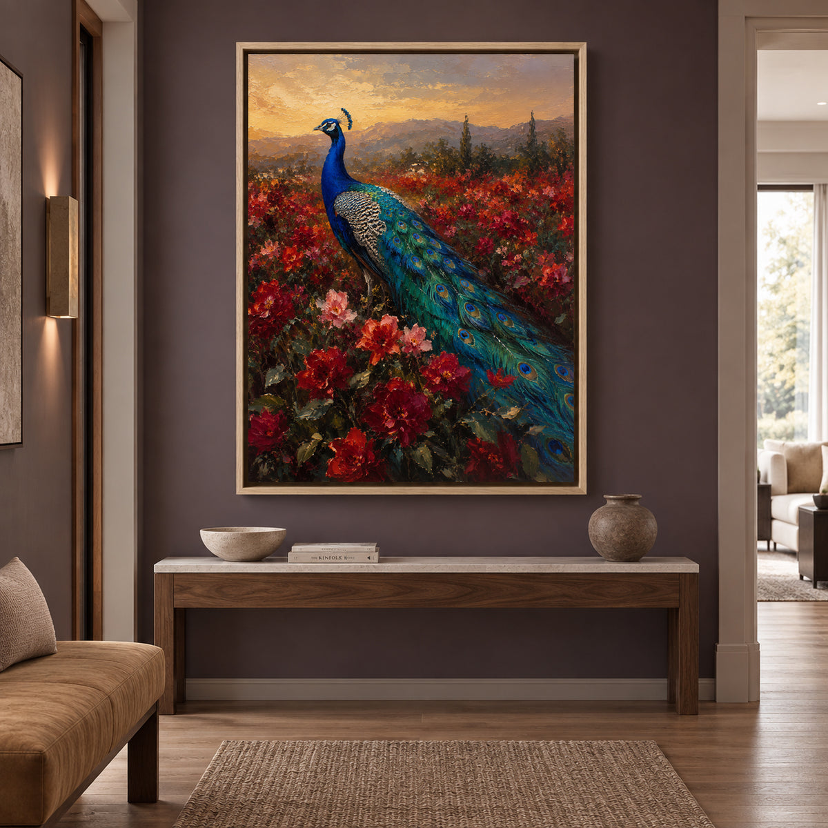 Peacock in Crimson Garden Sunset Canvas Wall Art