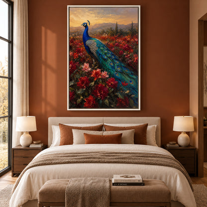 Peacock in Crimson Garden Sunset Canvas Wall Art