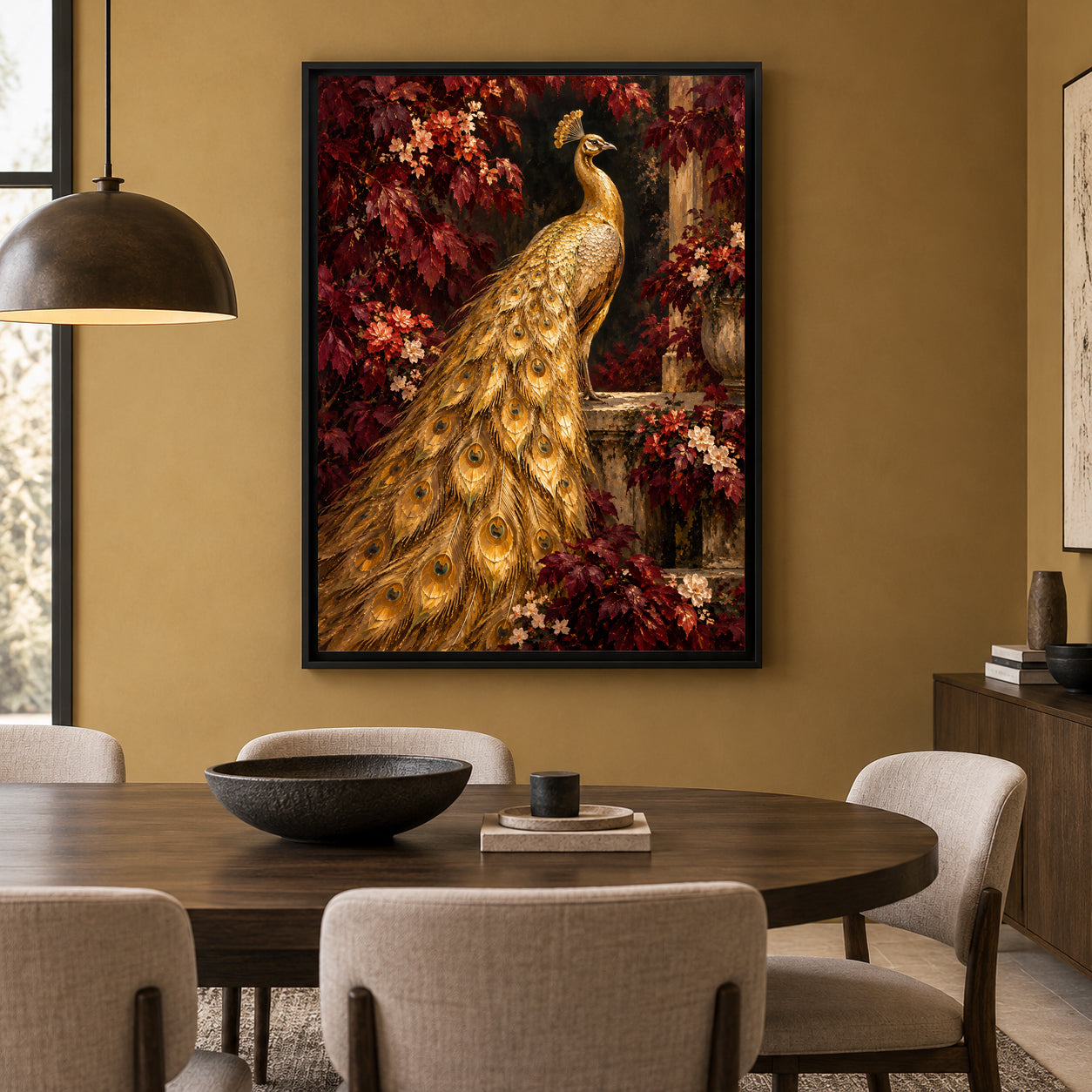 Golden Peacock in Burgundy Garden Luxury Canvas Wall Art