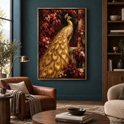 Golden Peacock in Burgundy Garden Luxury Canvas Wall Art