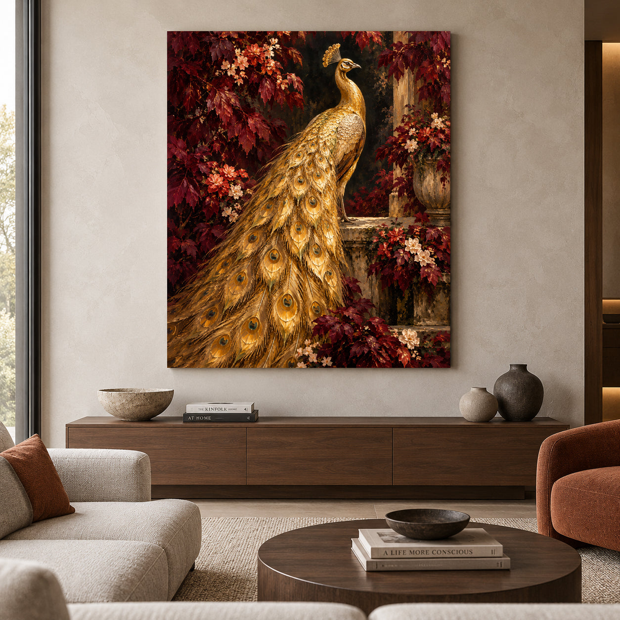 Golden Peacock in Burgundy Garden Luxury Canvas Wall Art