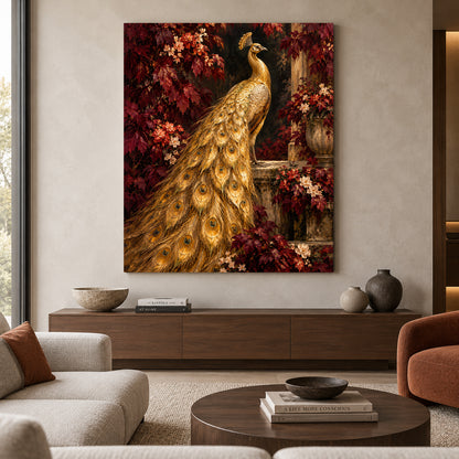 Golden Peacock in Burgundy Garden Luxury Canvas Wall Art