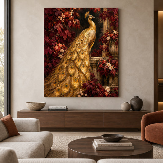 Golden Peacock in Burgundy Garden Luxury Canvas Wall Art