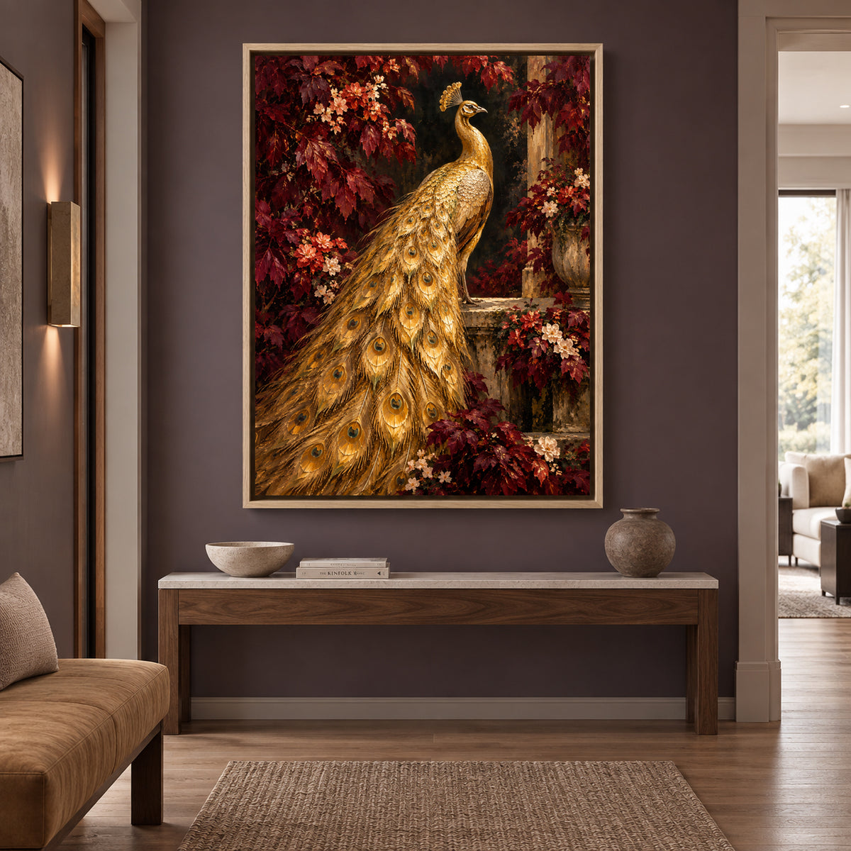 Golden Peacock in Burgundy Garden Luxury Canvas Wall Art