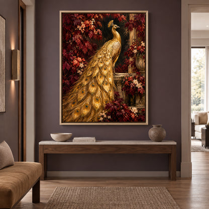 Golden Peacock in Burgundy Garden Luxury Canvas Wall Art