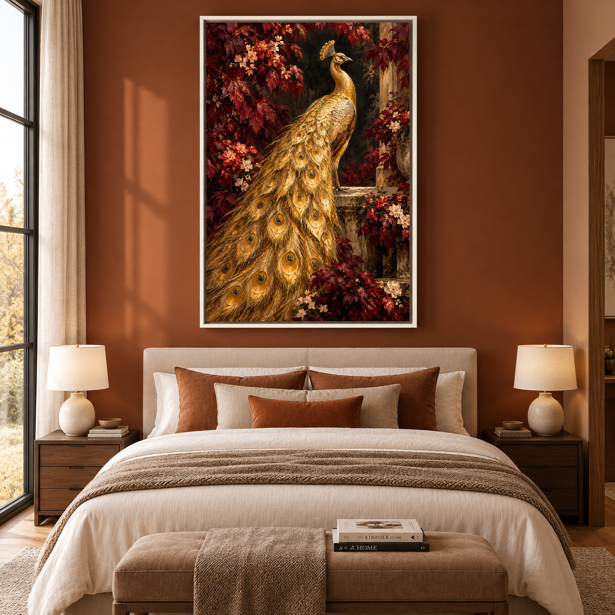 Golden Peacock in Burgundy Garden Luxury Canvas Wall Art