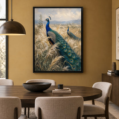 Peacocks in Golden Grassland Textured Canvas Wall Art