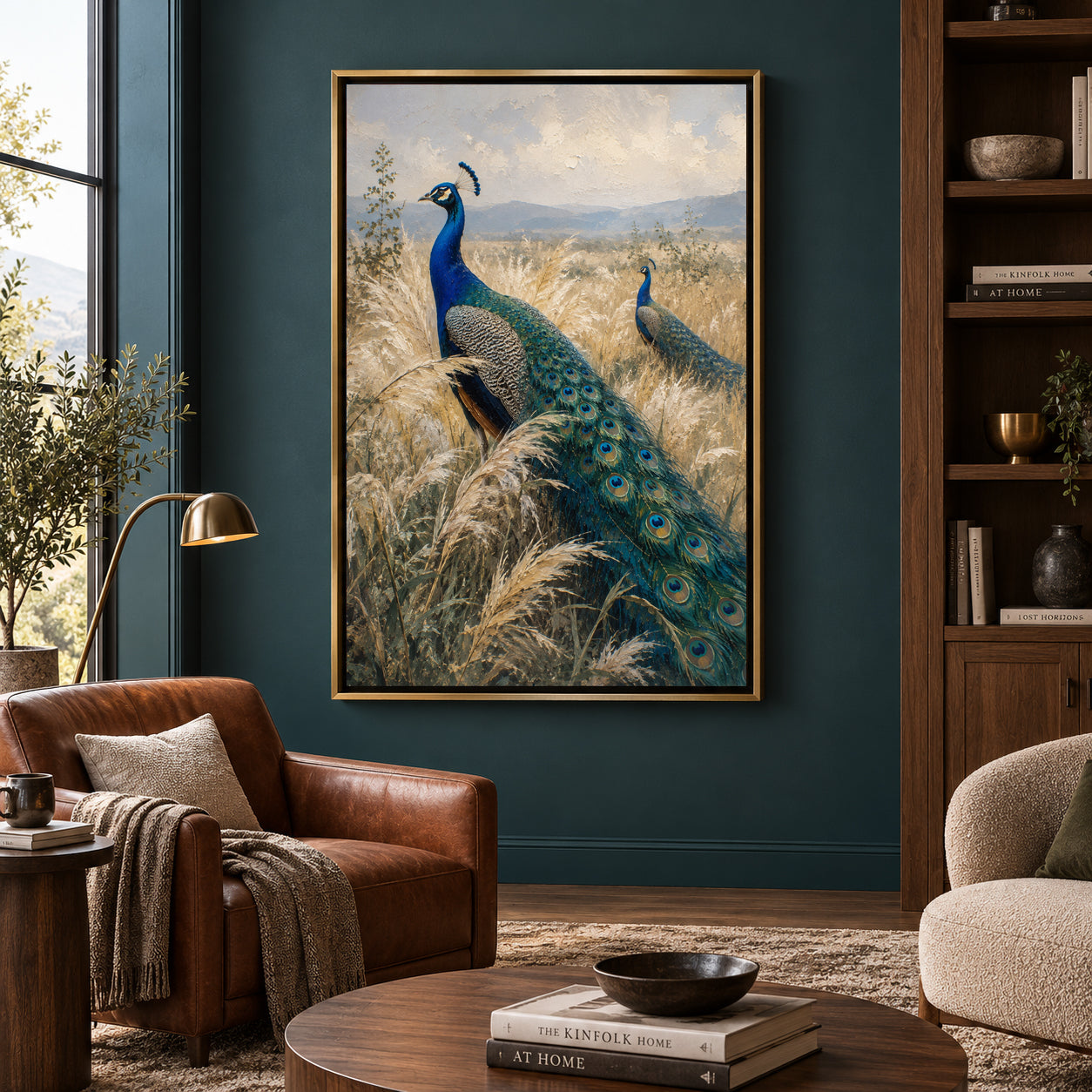 Peacocks in Golden Grassland Textured Canvas Wall Art