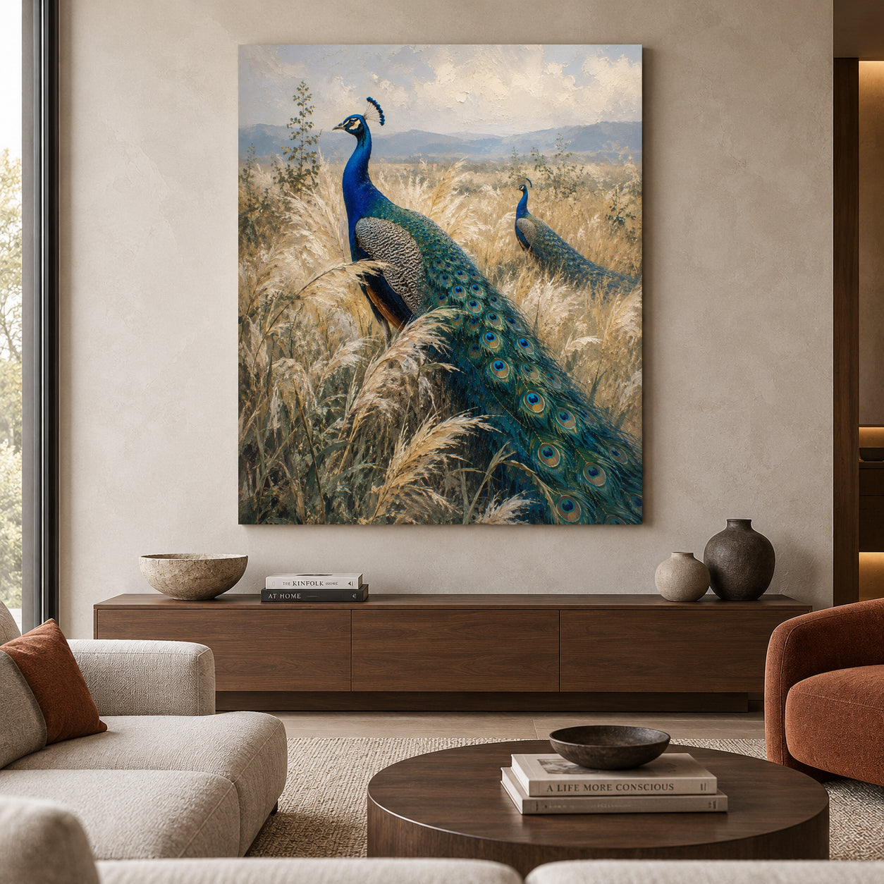 Peacocks in Golden Grassland Textured Canvas Wall Art