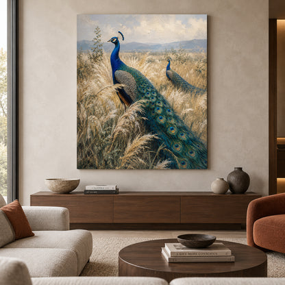 Peacocks in Golden Grassland Textured Canvas Wall Art