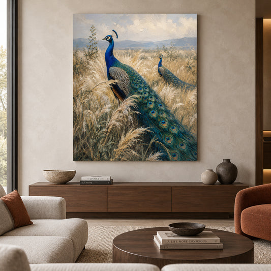 Peacocks in Golden Grassland Textured Canvas Wall Art