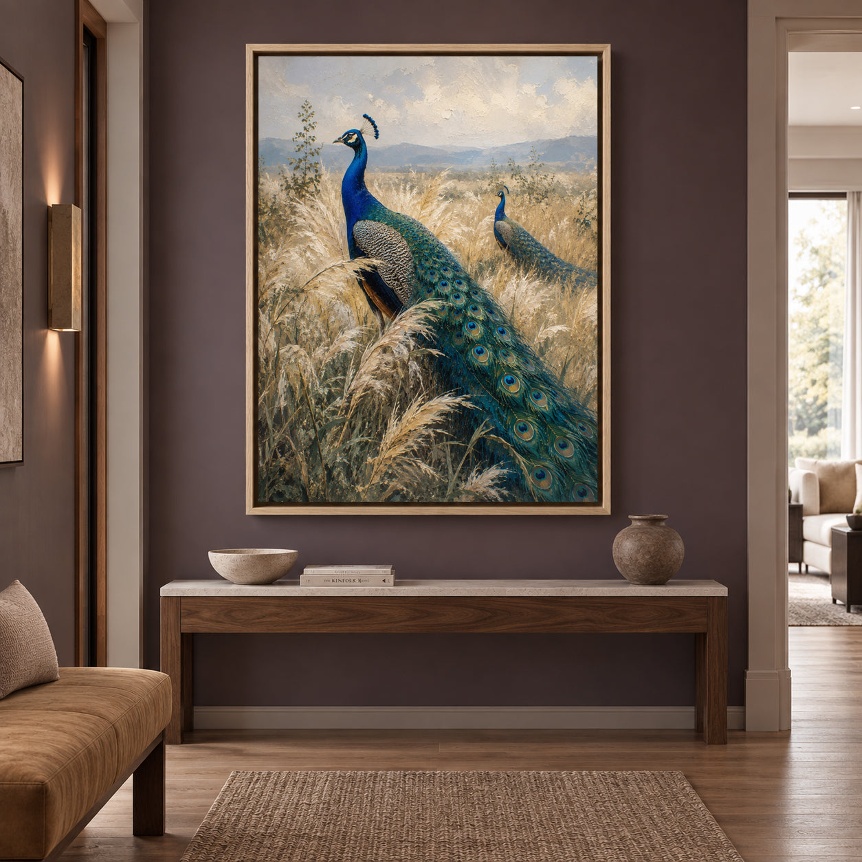 Peacocks in Golden Grassland Textured Canvas Wall Art