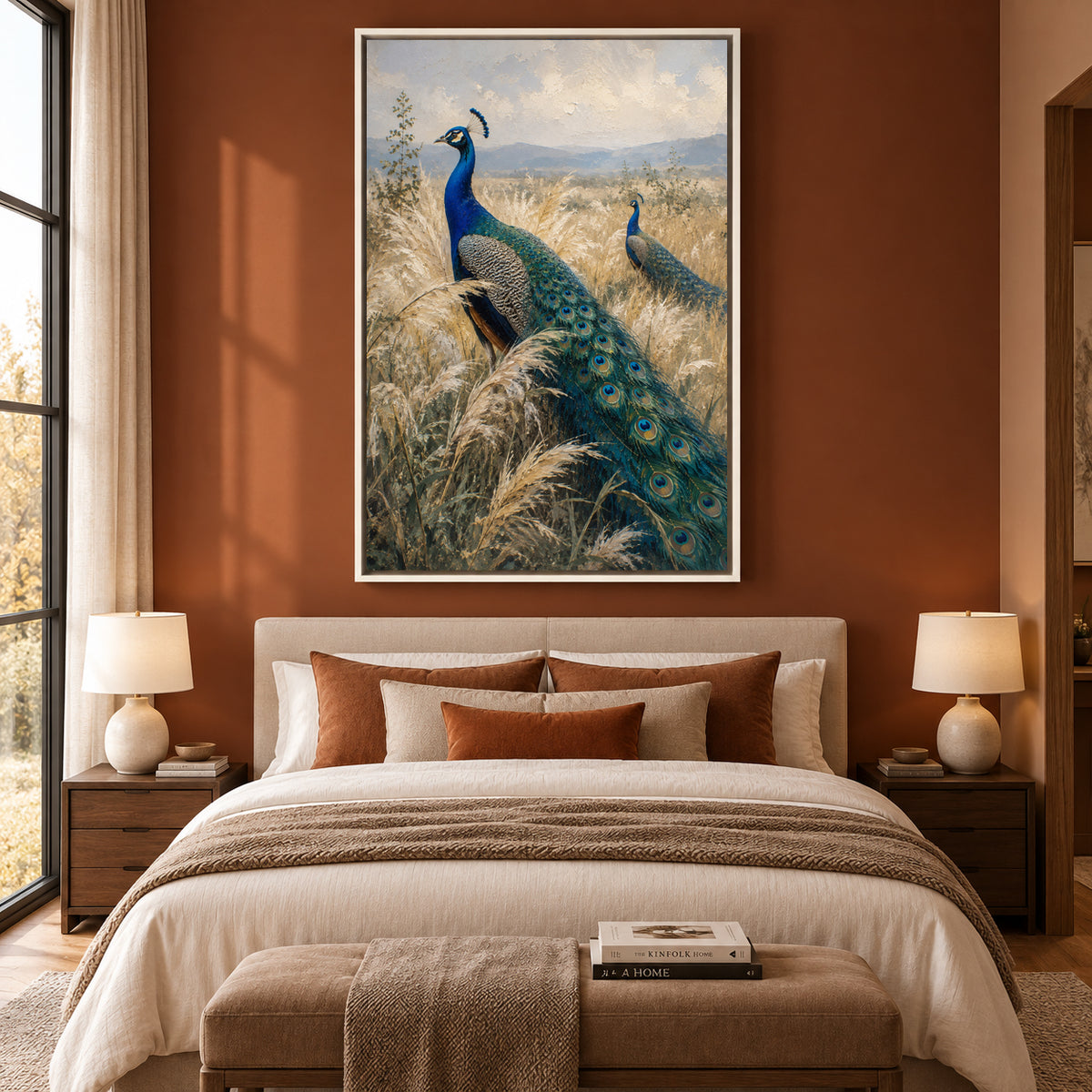 Peacocks in Golden Grassland Textured Canvas Wall Art