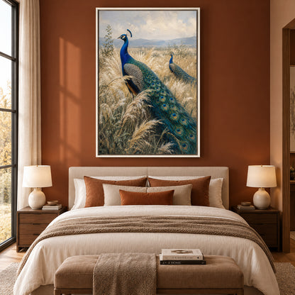 Peacocks in Golden Grassland Textured Canvas Wall Art