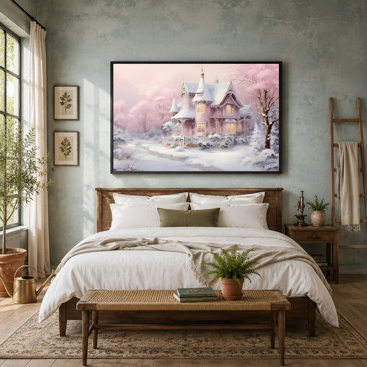 Vintage Winter Cottage Canvas Wall Art
