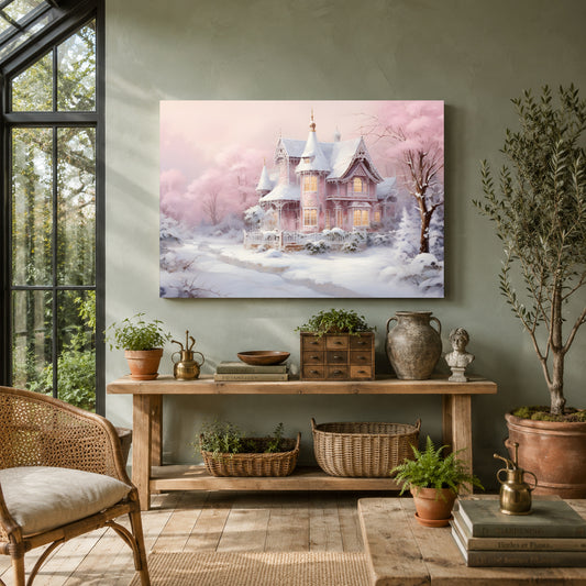 Vintage Winter Cottage Canvas Wall Art