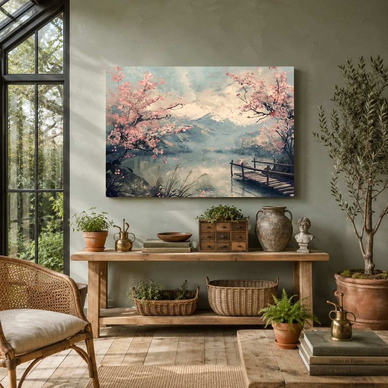 Cherry Blossom Lake Canvas Wall Art