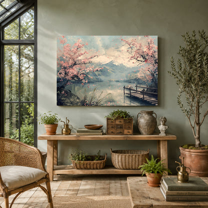 Cherry Blossom Lake Canvas Wall Art