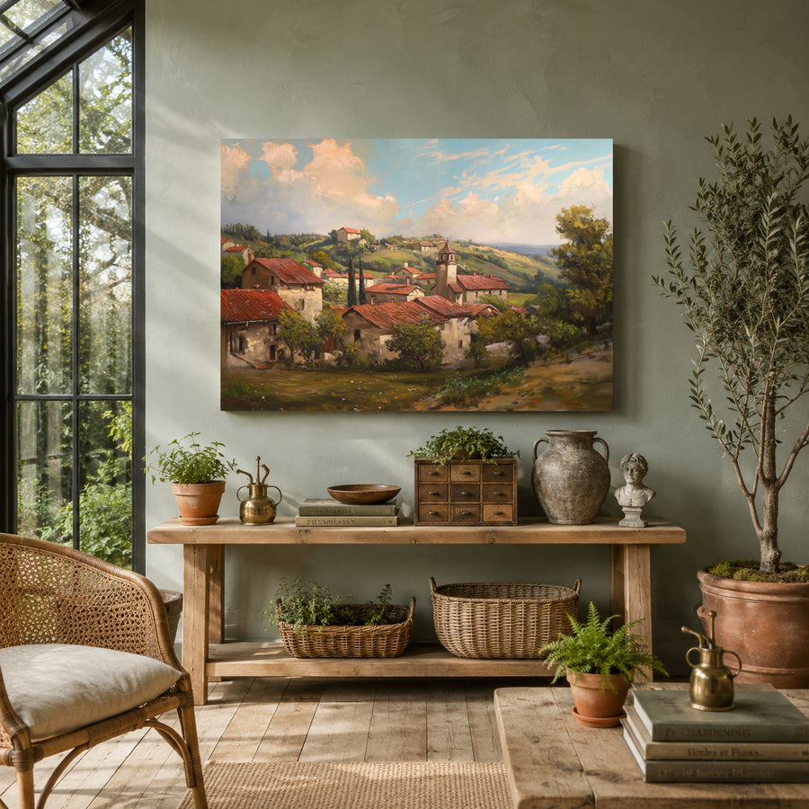 Vintage European Village Canvas Wall Art for Rustic Home Décor