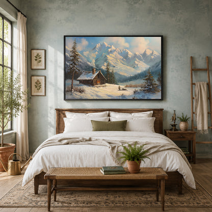 Snow Mountain Cabin Canvas Wall Art