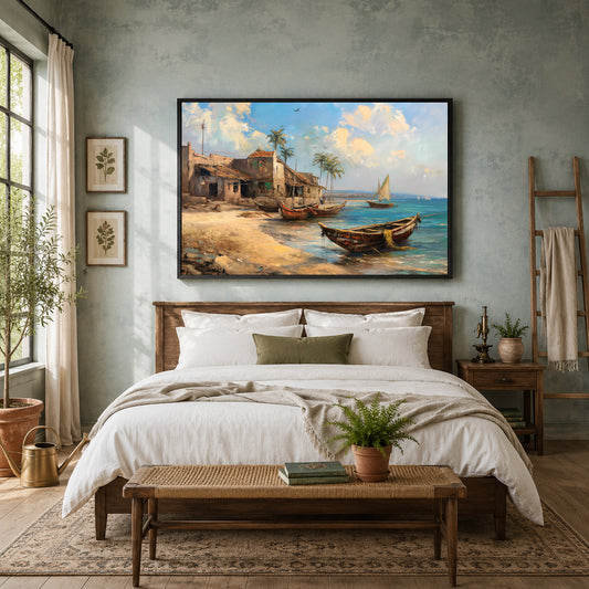 Vintage Coastal Fishing Village Canvas Wall Art