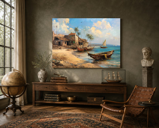 Vintage Coastal Fishing Village Canvas Wall Art