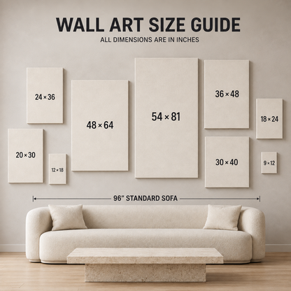 Wall art size guide poster showing various canvas and framed print dimensions mounted above a beige sofa in a living room setting, with text reading 'WALL ART SIZE GUIDE' and 'ALL DIMENSIONS ARE IN INCHES'.